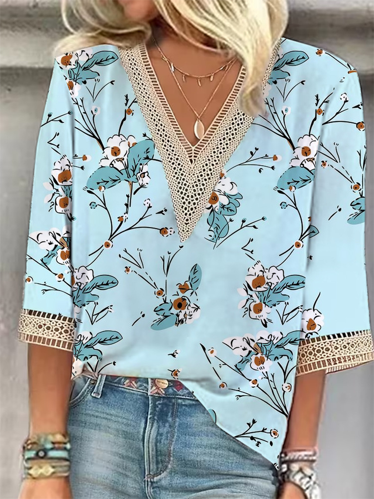 European And American Popular Fashion Loose Multi-color Floral Print Stitching Lace Half Sleeve V-neck Top