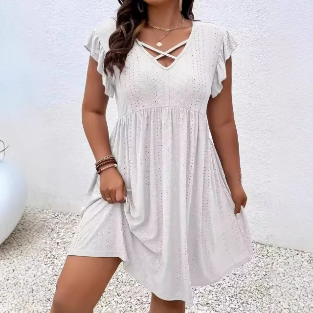 Women's Jacquard Ruffle Sleeve V neck Dress White - Shop at LoveMi
