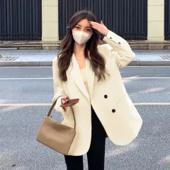 Women's Suit Collar Loose Long Sleeve Jacket - White - View 1