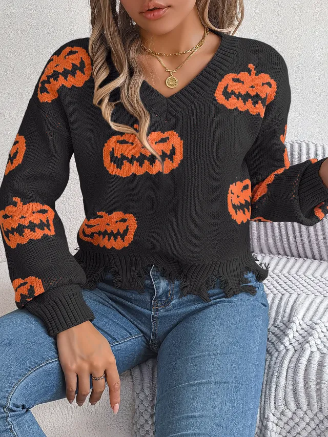 Halloween Contrast Color Pumpkin Cut Long Sleeve Sweater Black - Shop at LoveMi