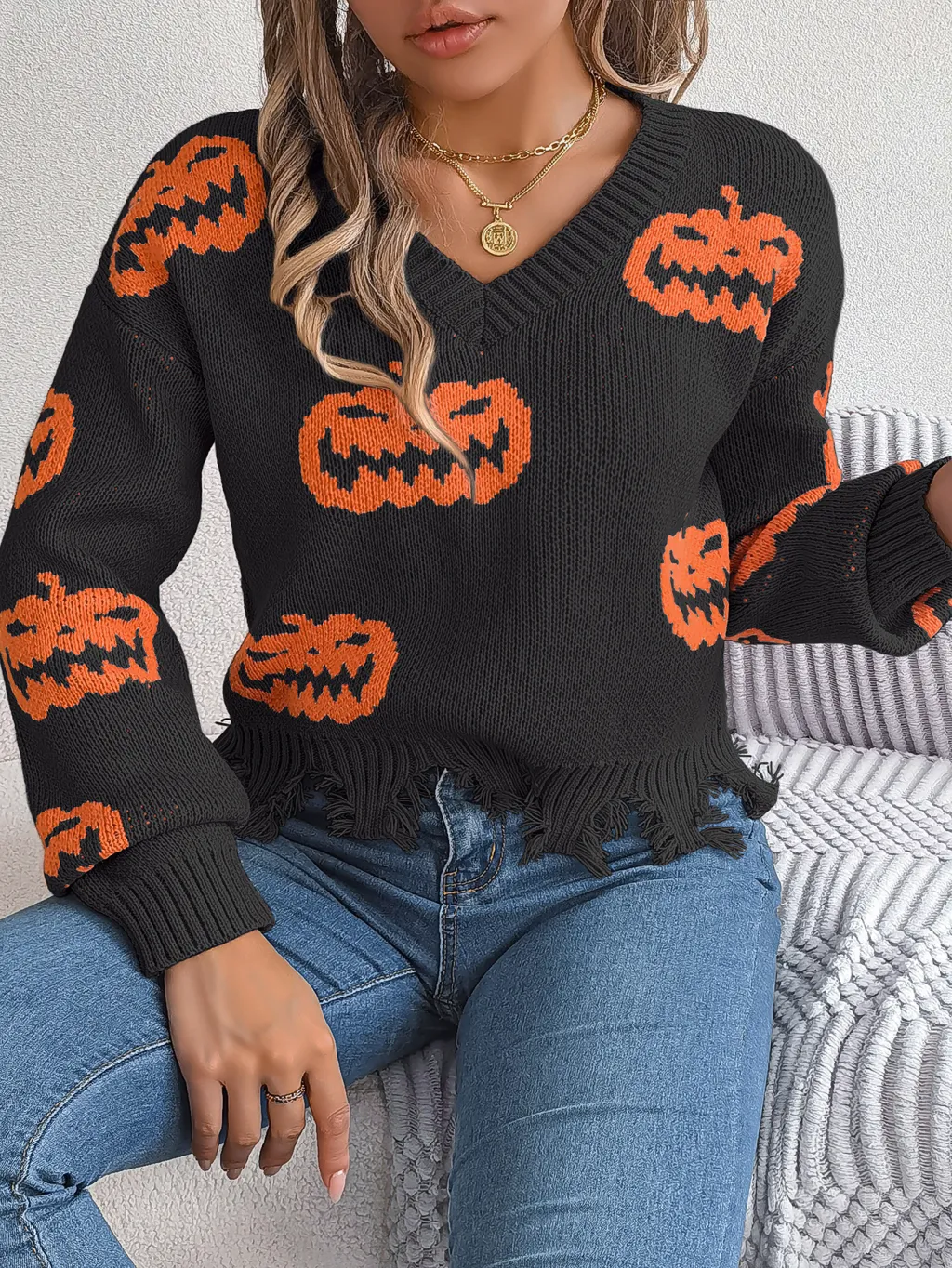 Halloween Contrast Color Pumpkin Cut Long Sleeve Sweater - Black
