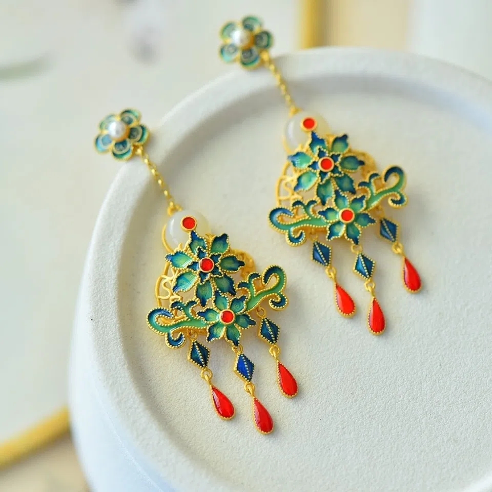 Flower Four Seasons Enamel Tassel Earrings