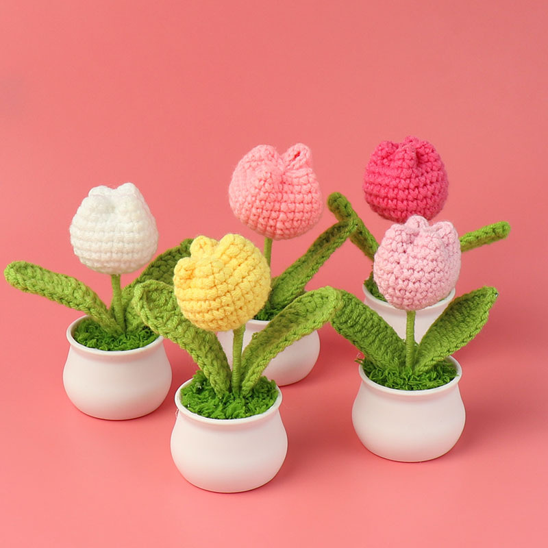Finished Handmade Crocheted Wool Tulip Small Pot Plant
