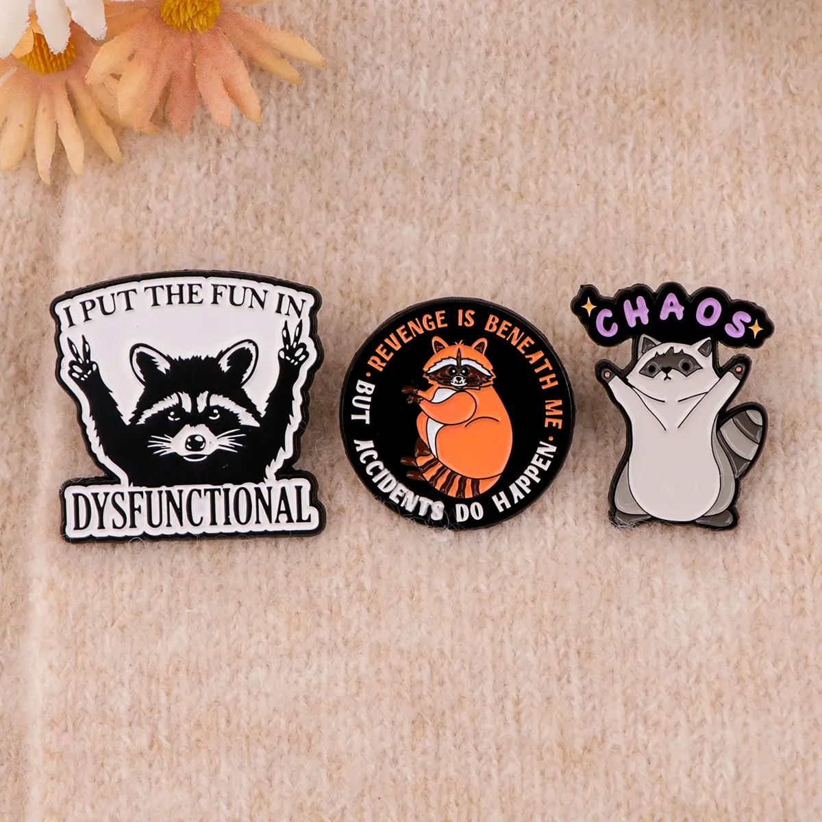 Cartoon Raccoon Brooch Golden M Badge