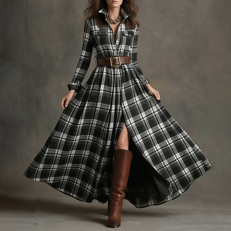 Women's Printed Lapel Slim-Fit Dress – Front View Commuter Style