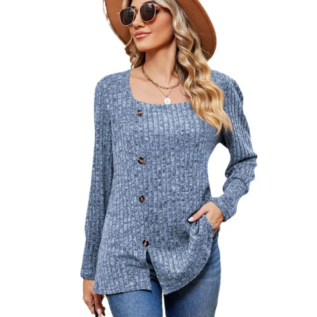 Women's Fashion Casual Loose Square Collar Button Long Sleeve Top Colorful Blue - Shop at LoveMi