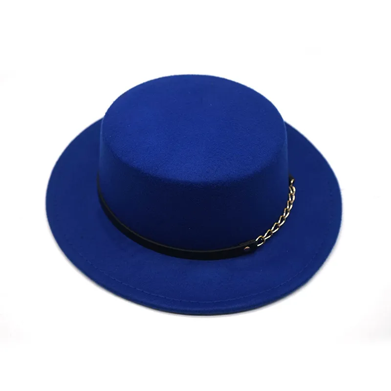 Men's And Women's Retro British Style Chain Solid Color Flat Top Hat - Blue