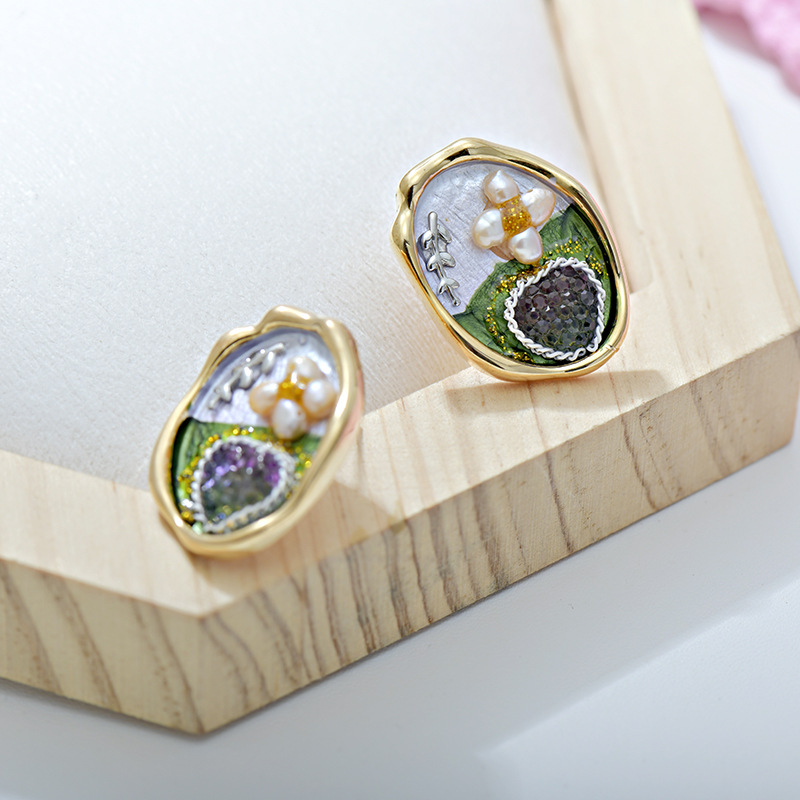 Niche-design Purple Oil-paint Pearl Stud Earrings - Jewelry & Watches