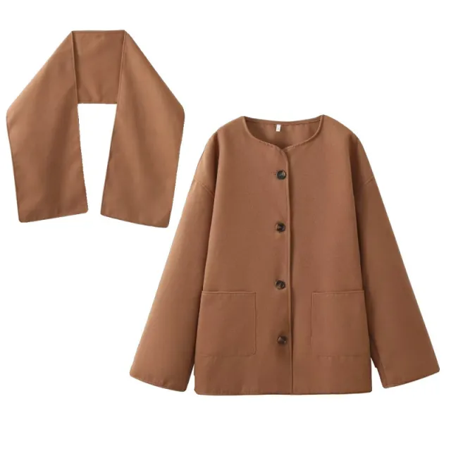 Scarf Collar Loose Jacket Short Woolen Coat Brown - Shop at LoveMi