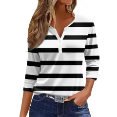 Women's T-shirt V-neck Three-button Printed Short-sleeved Top - 15Color-S - View 1