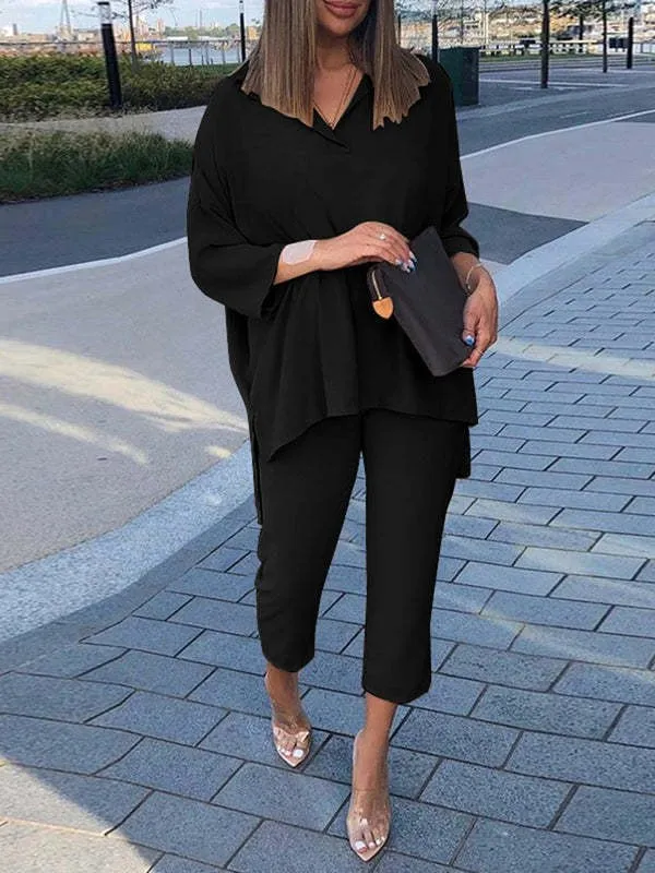 Cotton And Linen Women's Casual And Comfortable Elastic Waist Suit Shirt Cropped Pants - Black