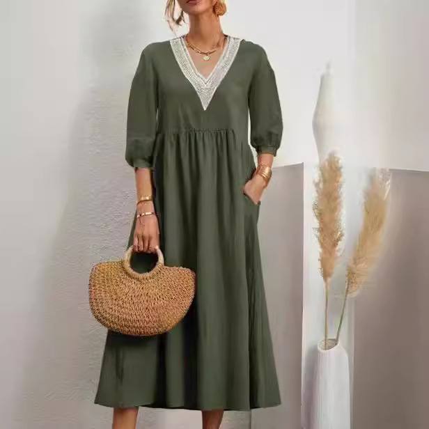 Solid-color Lantern-sleeve Loose Lace Dress