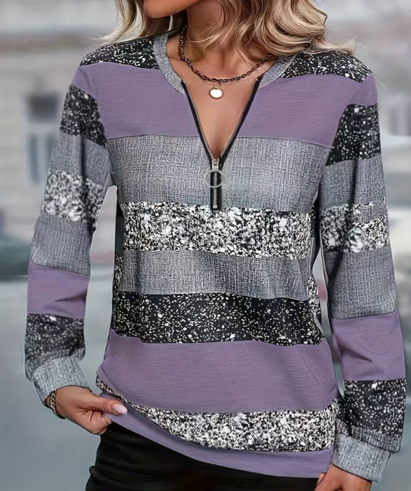 Womens FallWinter Crew-Neck Printed Loose-Fit Zip-Up Hoodie With Long Sleeves