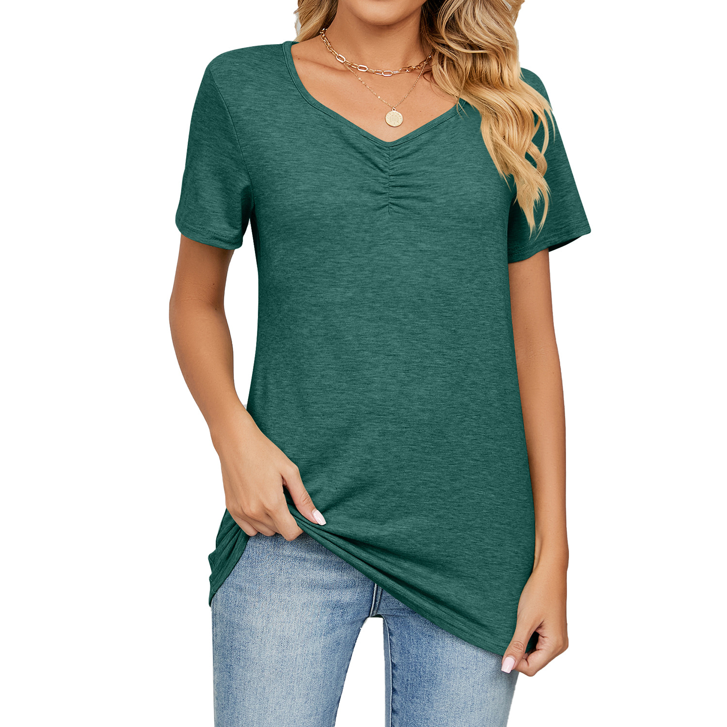 Women's Fashion V-neck Pleated Casual Solid Color Loose T-shirt