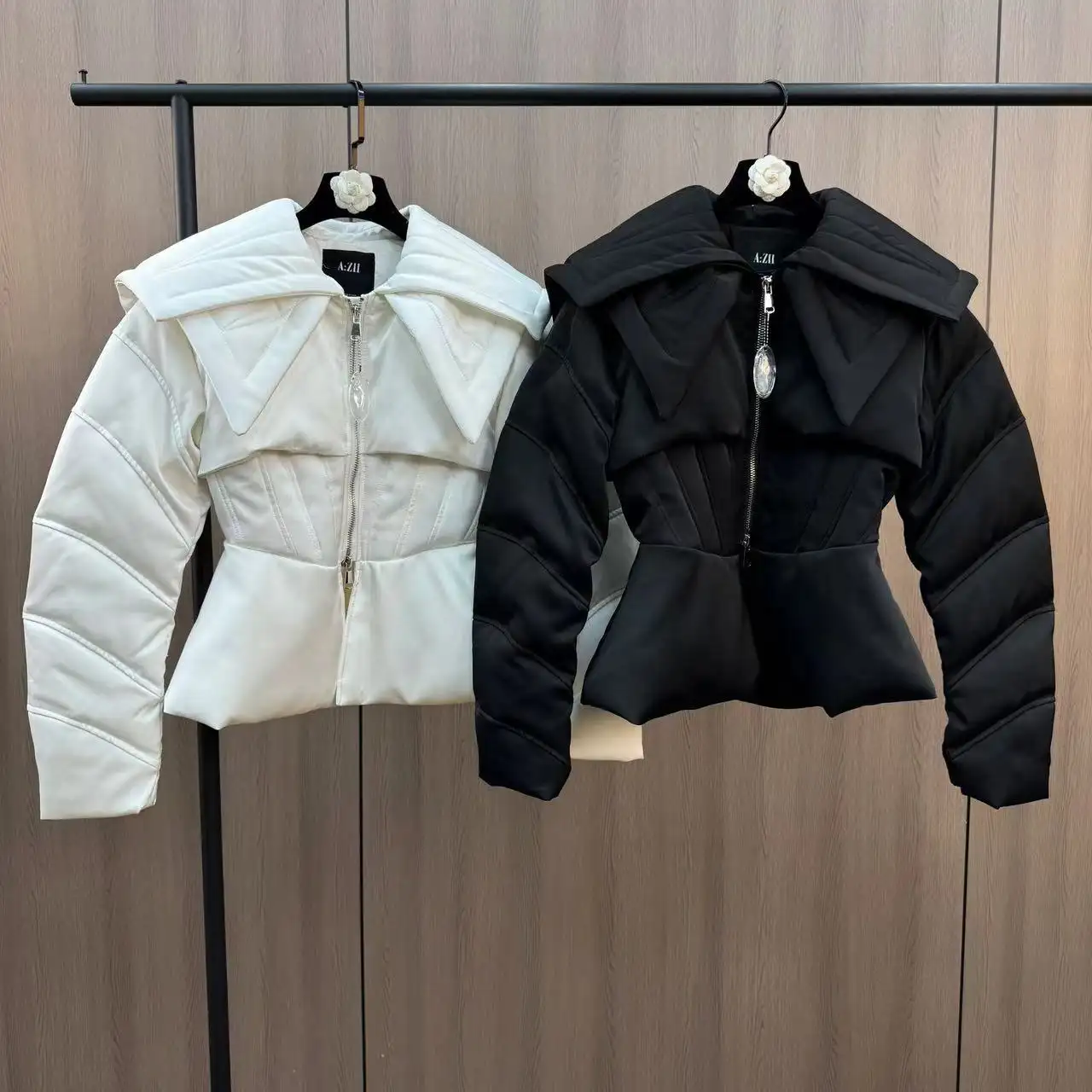 Women's Slim Fit Down Jacket with Corset Waist and Wide Collar