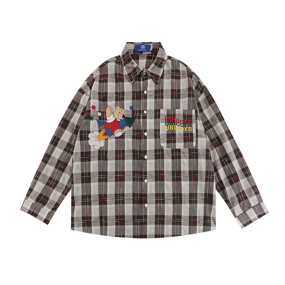 Cartoon Embroidered Bear Lapel Long Sleeve Shirt Outer Wear Loose Casual