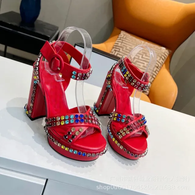 Chunky Heel Platform High Heel Roman Authentic Leather Rhinestones Open Toe Buckle Sandals Red - Shop at LoveMi