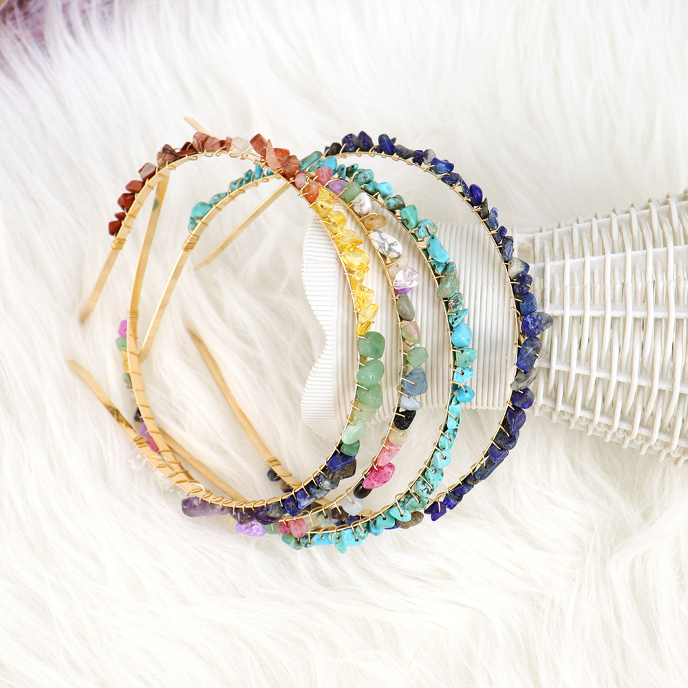 Winding Golden Double Row Natural Crystal Gravel Headband