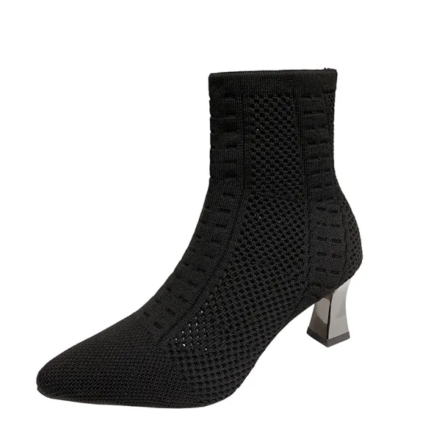 Knitted Sock Boots Women's Plus Size Short Pointed Chunky Heel Black - Shop at LoveMi
