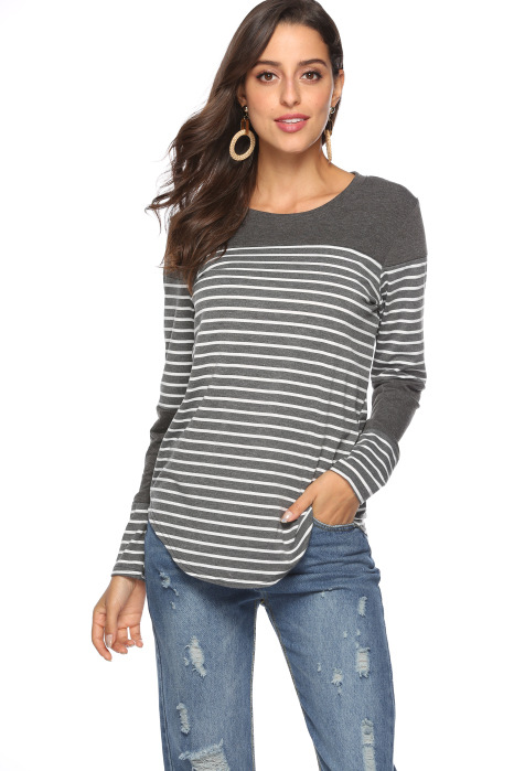 Title 19, Casual striped stitching long-sleeved loose T-s...