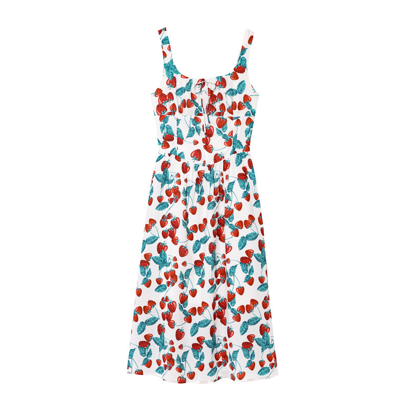 Elegant Slim-fit Cherry Print Strap Dress