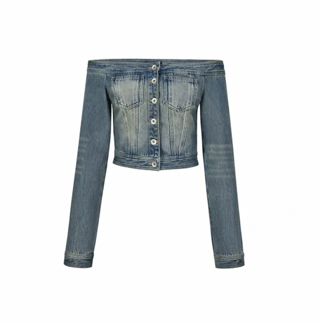 Off shoulder Denim Long sleeved Tops Slim fit Short Version Retro Blue - Shop at LoveMi