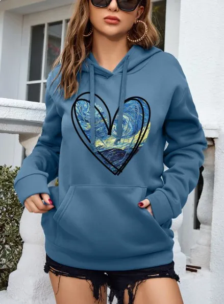 Retro Love Pattern Women's Sheath Hoodie Printed Pullover College Style 2 Blue - Shop at LoveMi