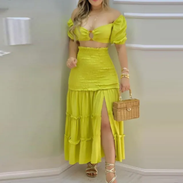 Women's Fashion Printed Split Skirt Two Piece Set Yellow - Shop at LoveMi