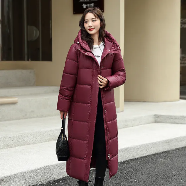 Women's Super Long Down Jacket Winter Puffer Thick Coat Black Red Hooded Zipper Keep Warm Fall Winter Casual Clothes Dark Red - Shop at LoveMi