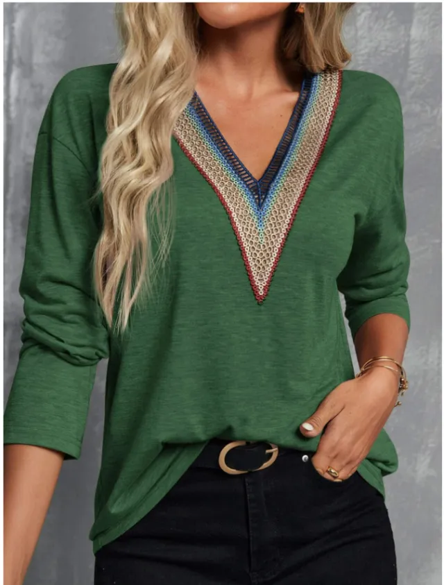 Autumn And Winter Lace Spliced V neck Loose Long Sleeve Green - Shop at LoveMi