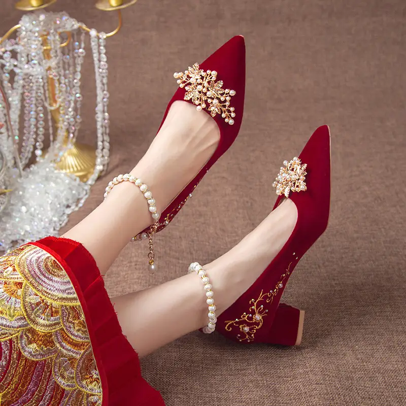 Wine Red Pointed Toe Chunky Heel Wedding Shoes For Women