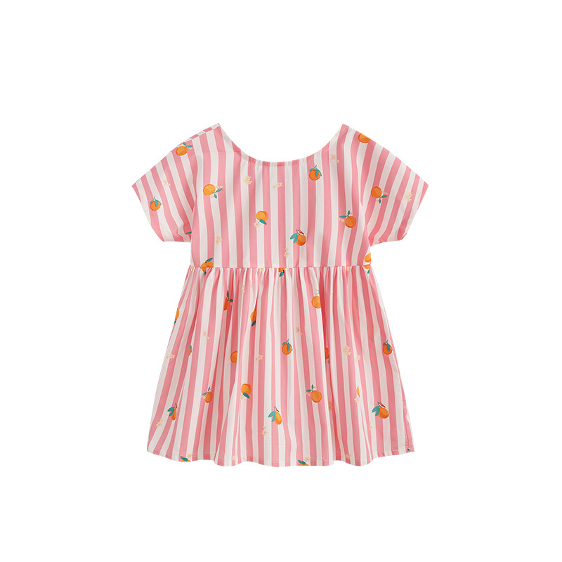 Girls Cotton Round-Neck Dress with Cartoon Print