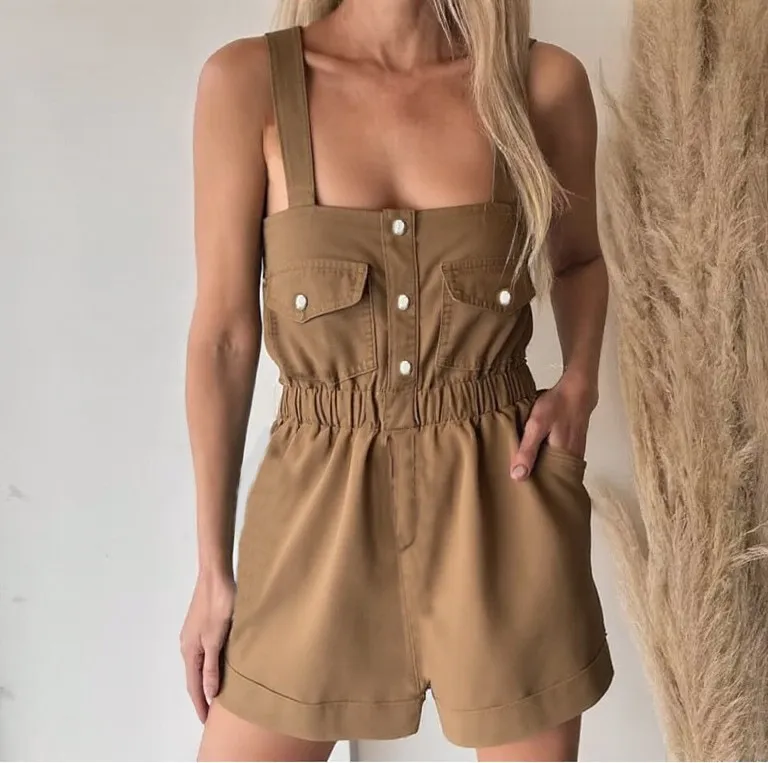 Women's Overalls Strap Denim Shorts One-piece - Camel