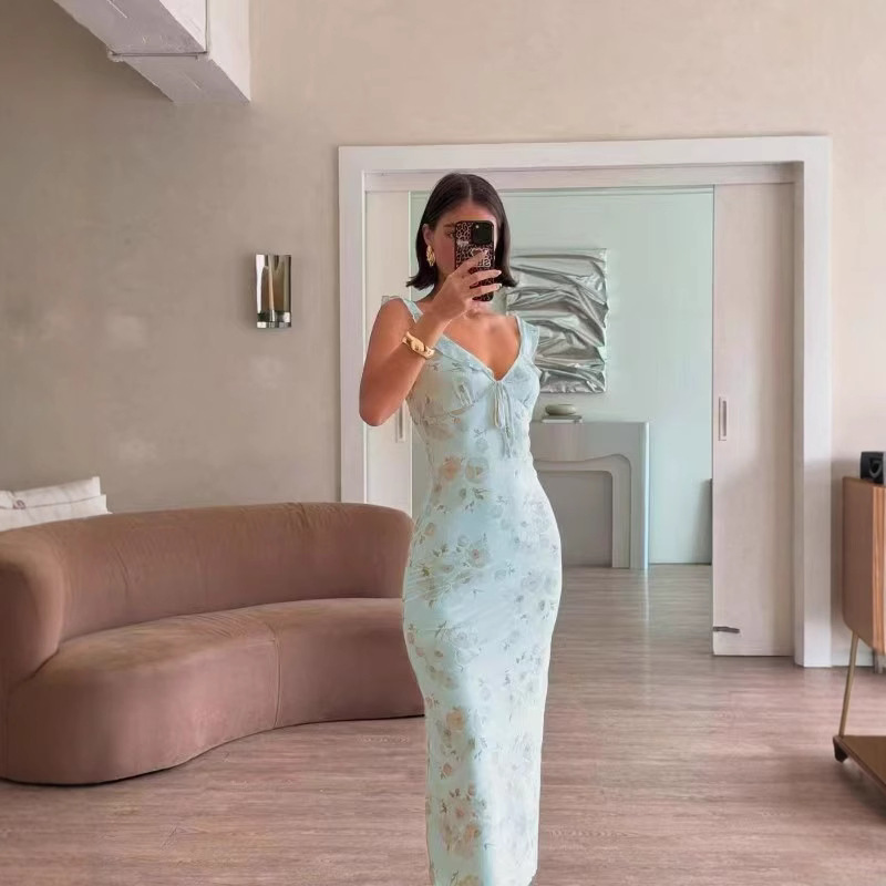 Vacation Style Vintage Printed Slim Strap Dress