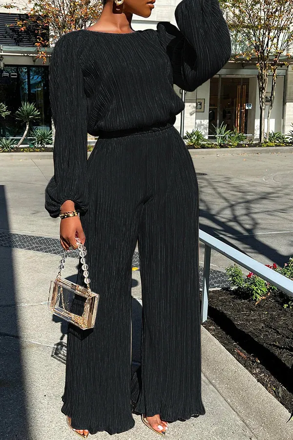 Women's Home Casual Elegant Loose Pleated High Elastic Two Pieces Black - Shop at LoveMi