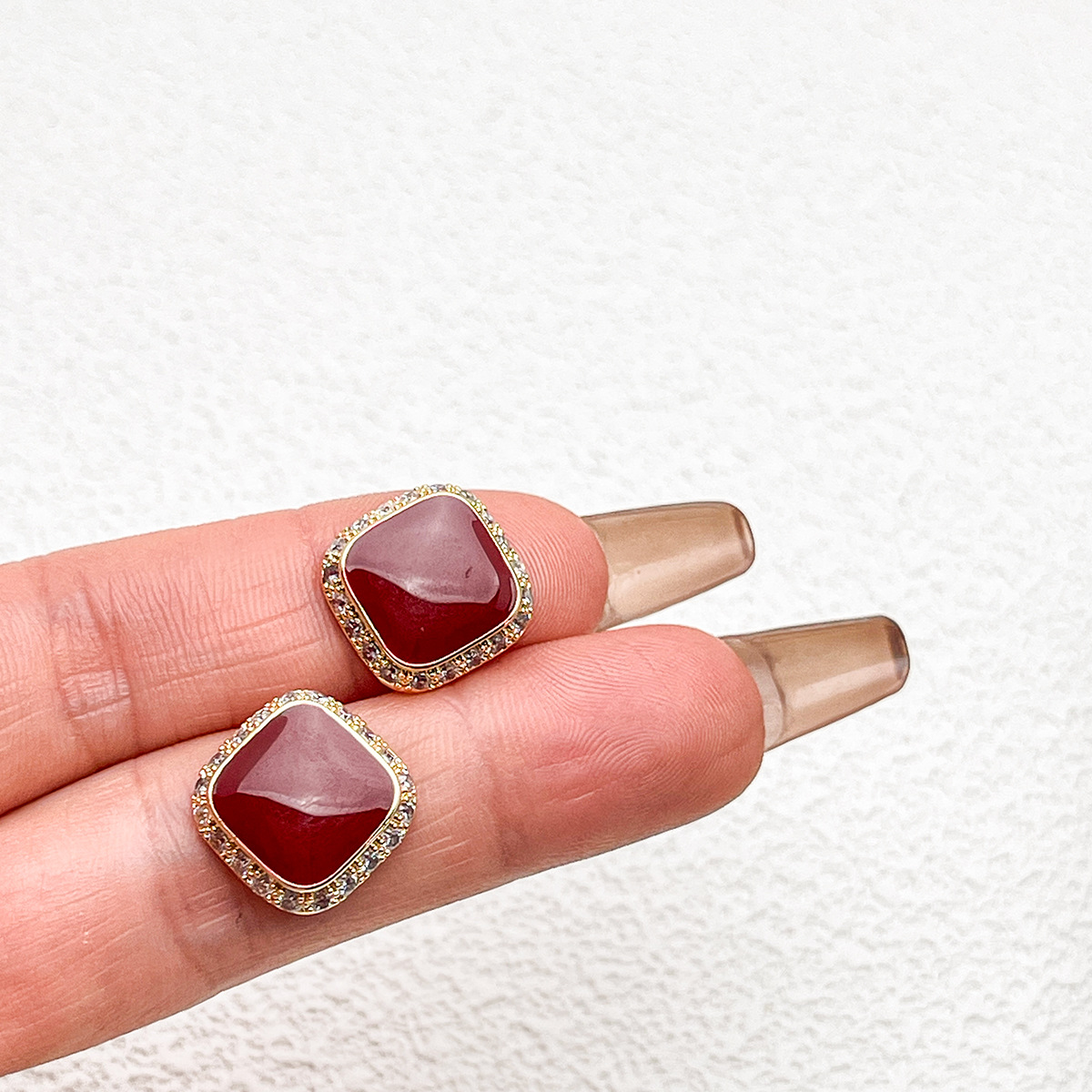 Retro Red Plate Temperament Inlaid Square Simple And Stylish Earrings