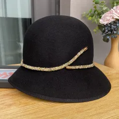 Simple Belt Decoration Bucket Female Autumn And Winter Fashion All-matching Wool Top Hat - Black - View 1