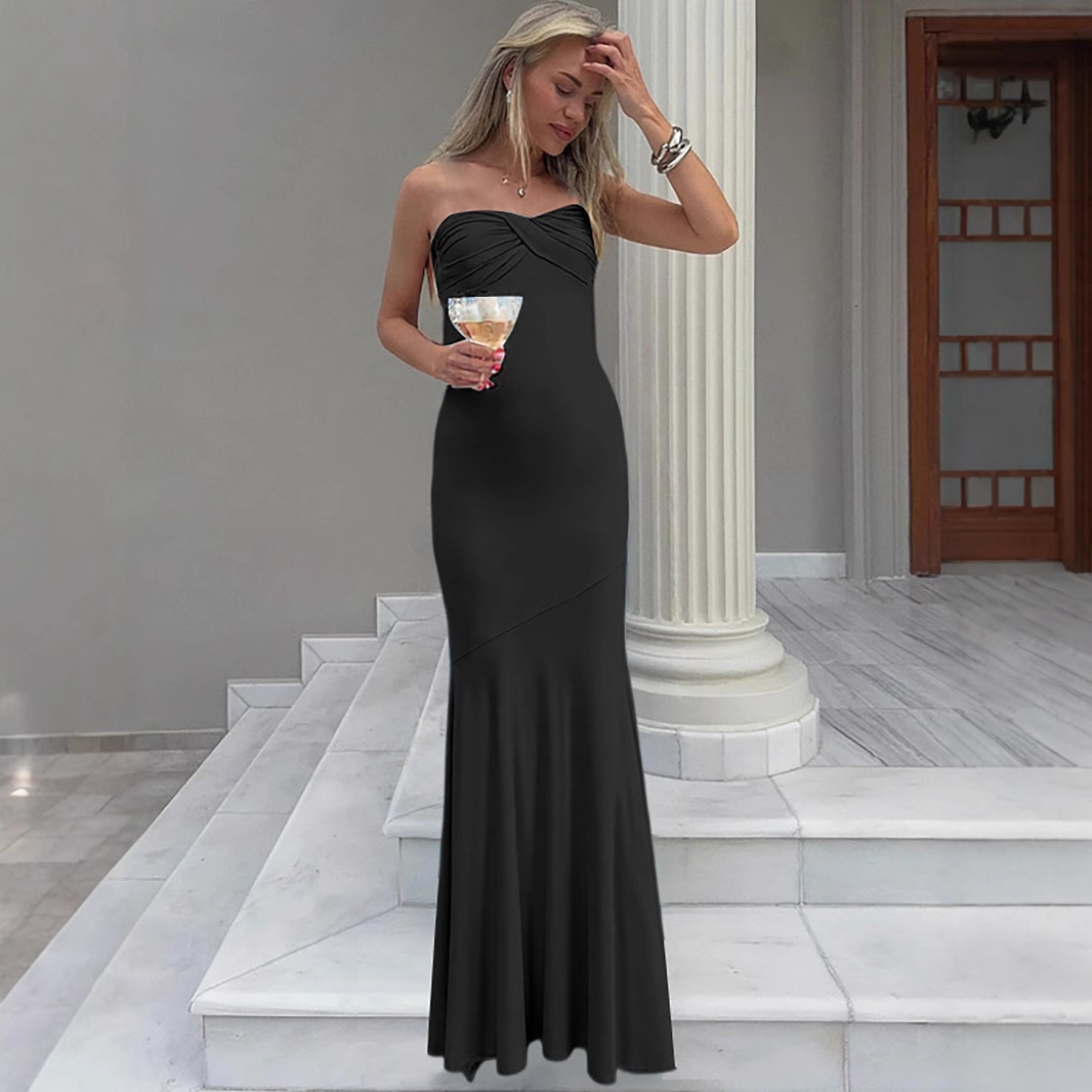 Bodycon Sheath Pleated Tube Maxi Dress
