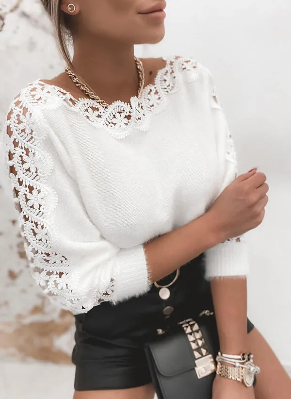 Elegant Boat neck Lace Stitching Sleeve Knitted Sweater White - Shop at LoveMi