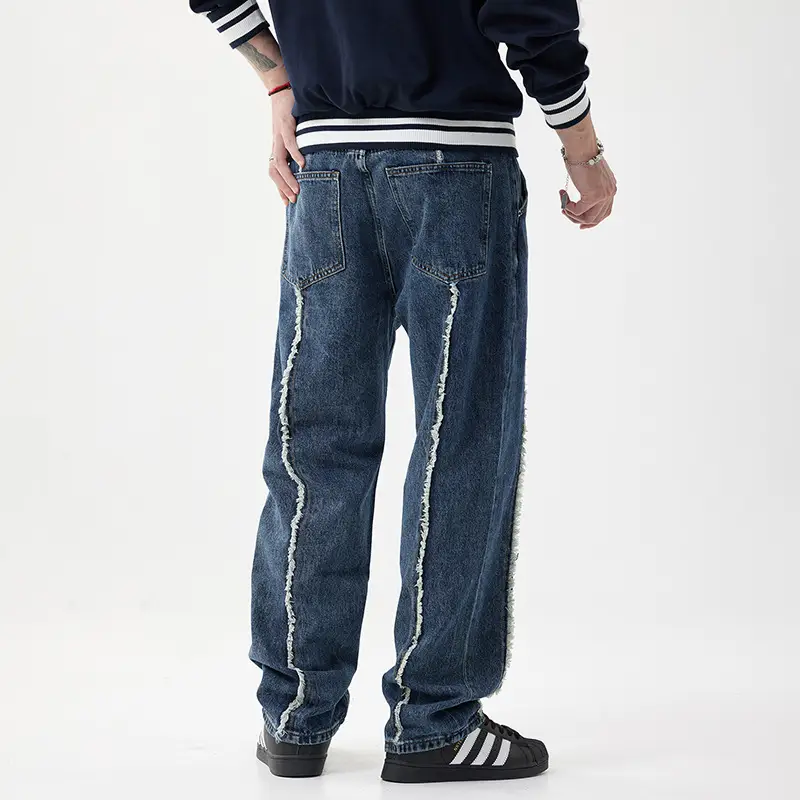 Frayed Stitching Jeans Men's Loose Straight Washed Trousers