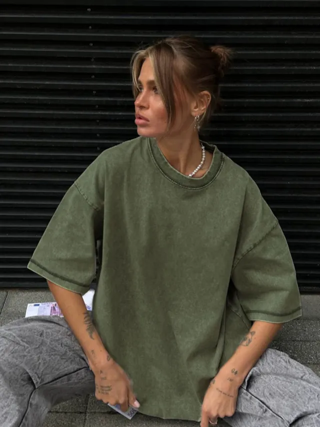 Washed Old Short sleeved T shirt European And American Relaxed Casual Round Neck Army Green - Shop at LoveMi