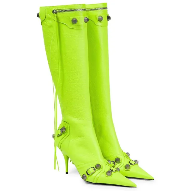 Stiletto Heel Pointed toe Side Zip Metal Rivet Boots Green - Shop at LoveMi