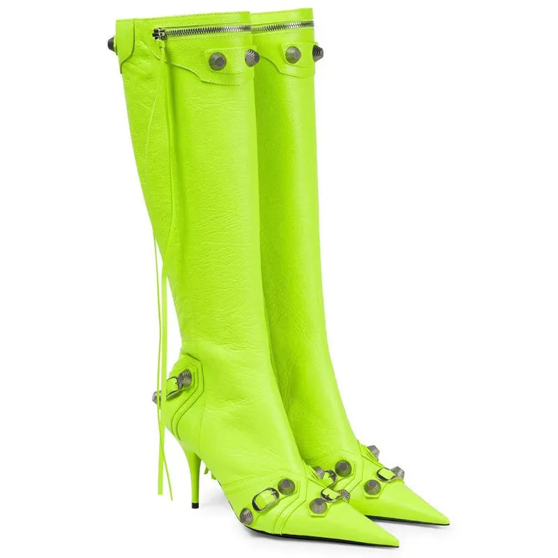 Stiletto Heel Pointed-toe Side Zip Metal Rivet Boots - Green