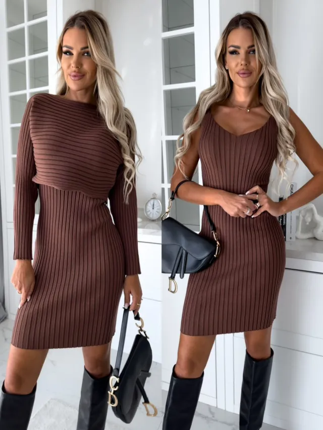 Fashion Long Sleeve Top Suspender Skirt Brown - Shop at LoveMi