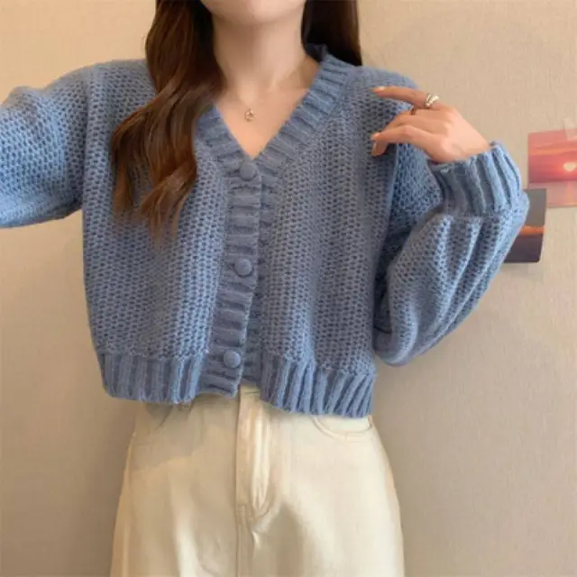 Early Spring Cardigan Short V neck Sweater Coat Blue - Shop at LoveMi