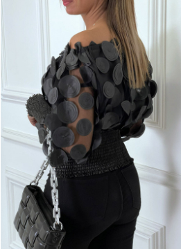 Black Mesh Three-dimensional Flower Off-shoulder Puff Sleeve Top - Image 3