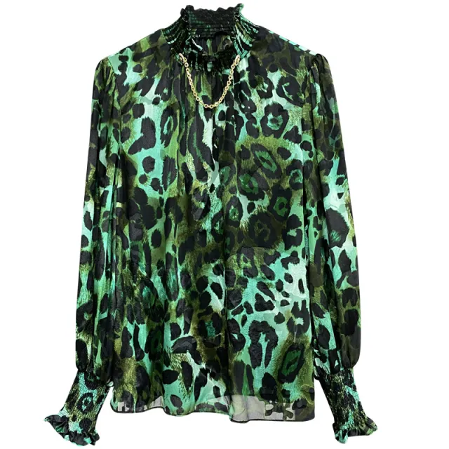 Retro Stand Collar Smocking Stud String Shirt Leopard Print Green - Shop at LoveMi