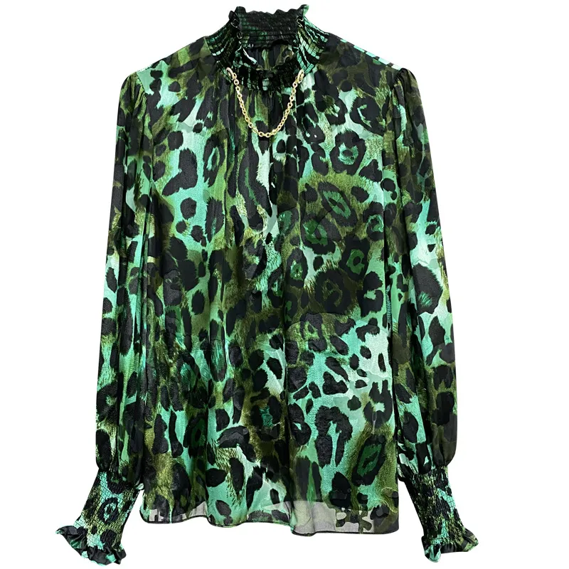 Retro Stand Collar Smocking Stud String Shirt Leopard Print - Green