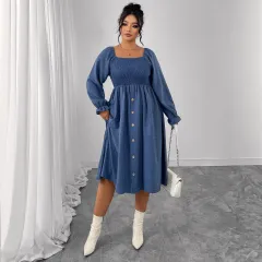 High-waist Shirred Square Neck Button Long Sleeve Dress - Blue - View 1