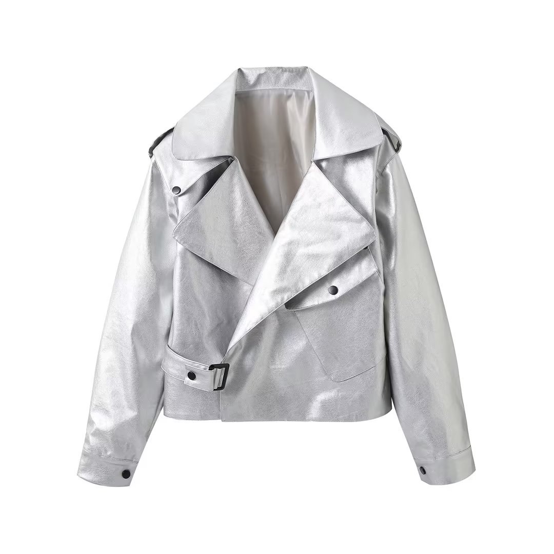 Autumn And Winter Women's Clothing Loose Retro Locomotive Style Short PU Leather Jacket Silver - Shop at LoveMi